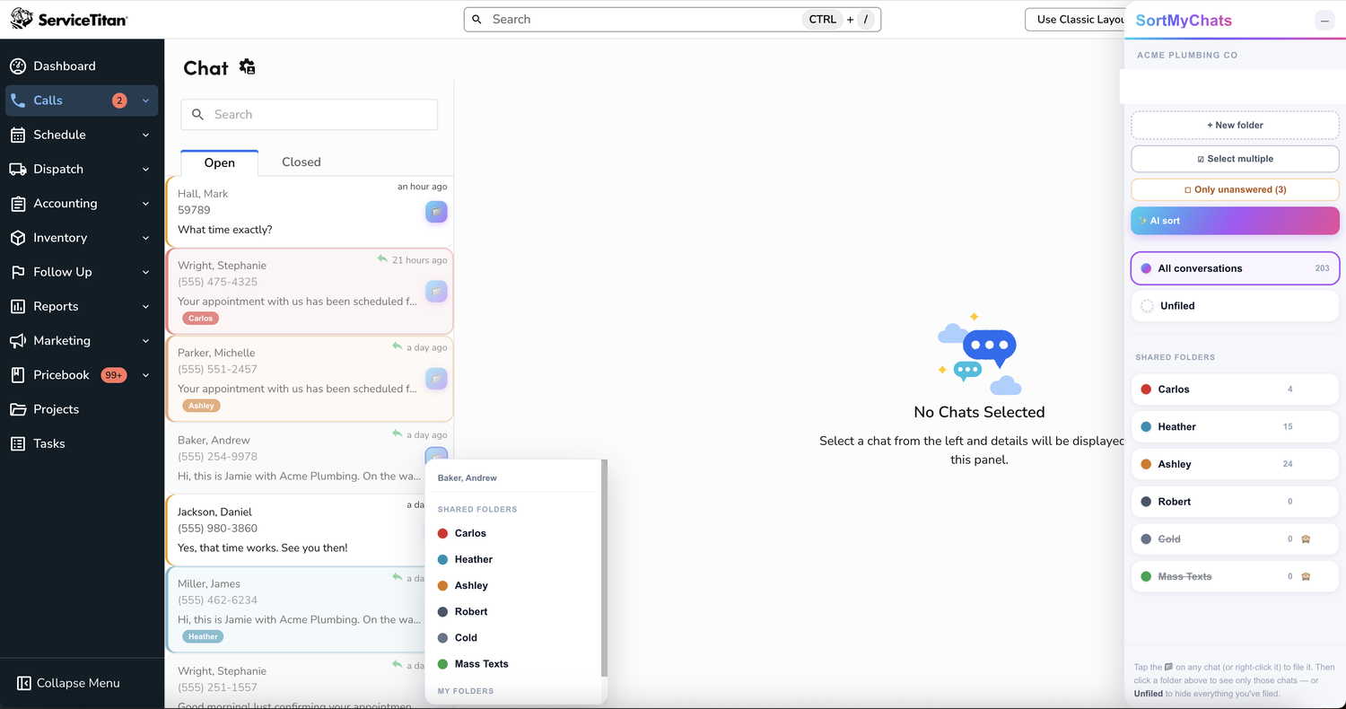 One-click menu to file a chat into a color-coded folder