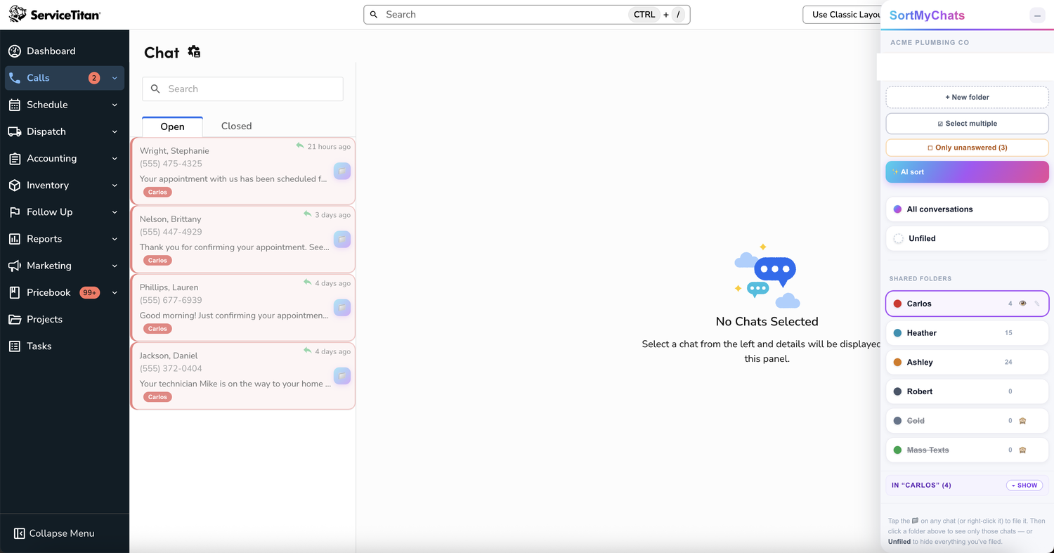 SortMyChats color-coded folders docked inside the ServiceTitan messaging page